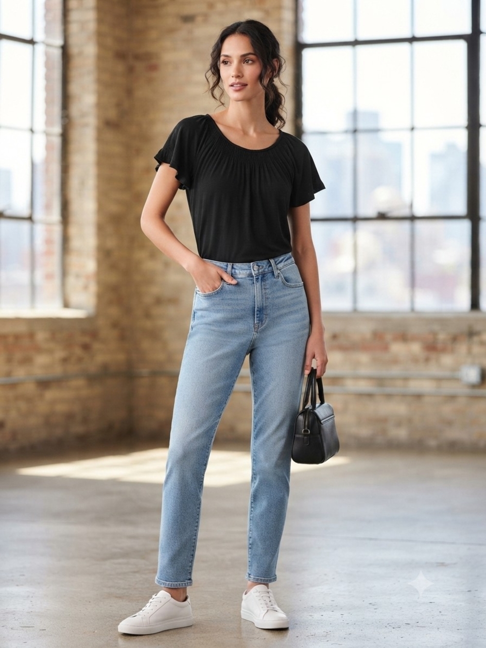 Style & Co. Black Short-Sleeve Scoop Neck Blouse